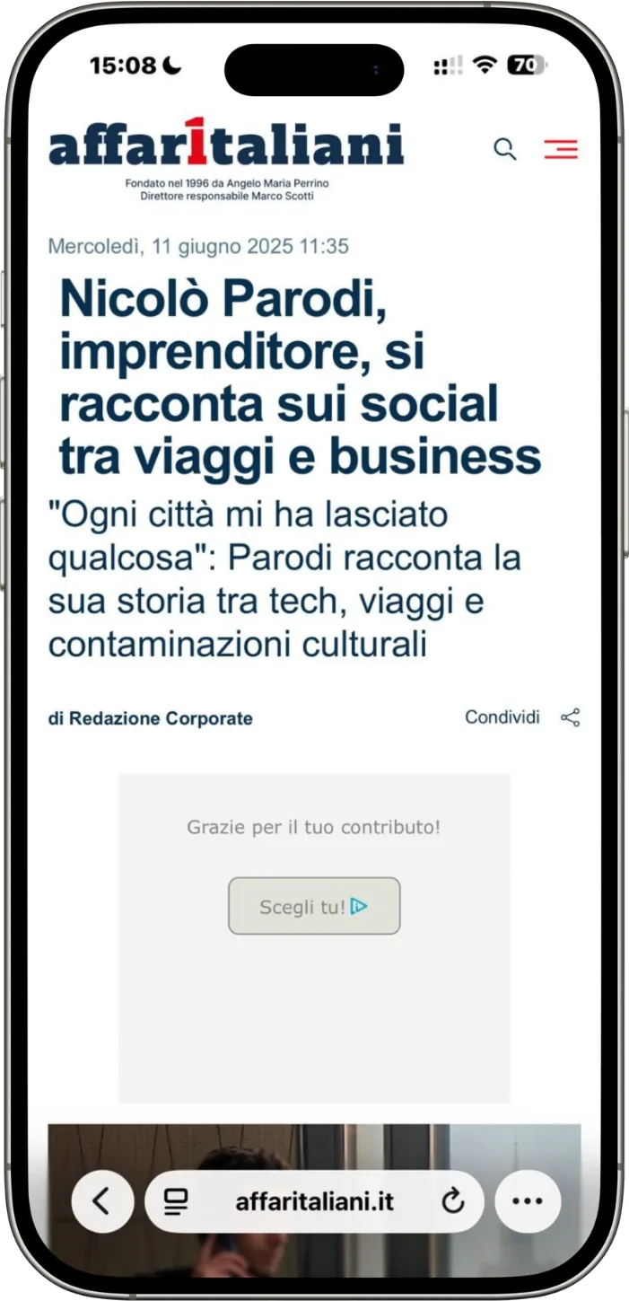 Affaritaliani: «Nicolò Parodi, imprenditore, si racconta sui social tra viaggi e business»