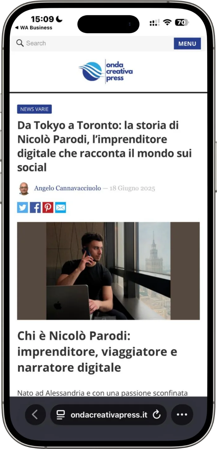 Onda Creativa Press: «Da Tokyo a Toronto: la storia di Nicolò Parodi, l'imprenditore digitale che racconta il mondo sui social»