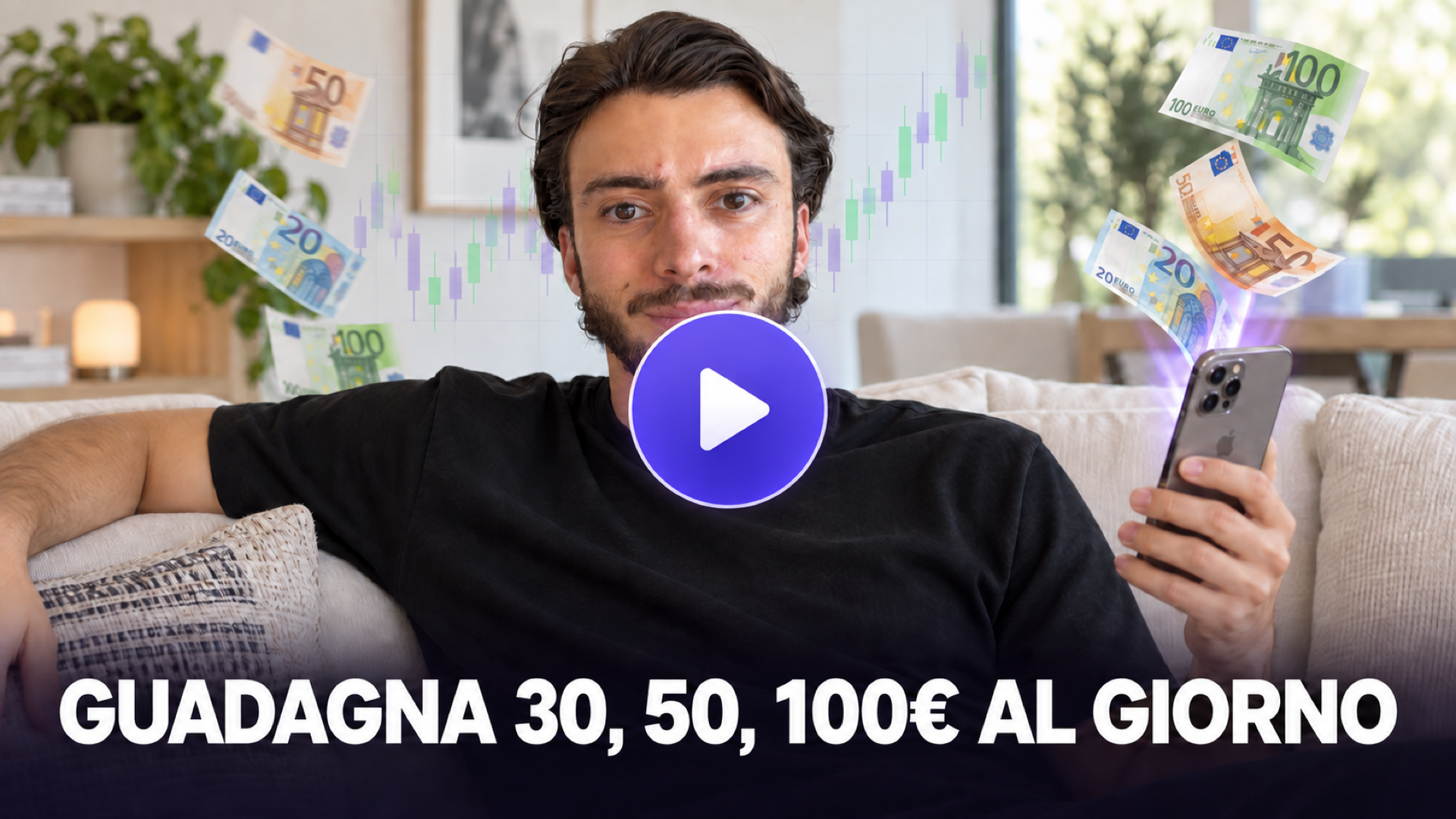 Copertina VSL: Nick sorridente sul divano con un iPhone nella mano sinistra, banconote in euro e pulsante play viola. GUADAGNA 30, 50, 100€ AL GIORNO